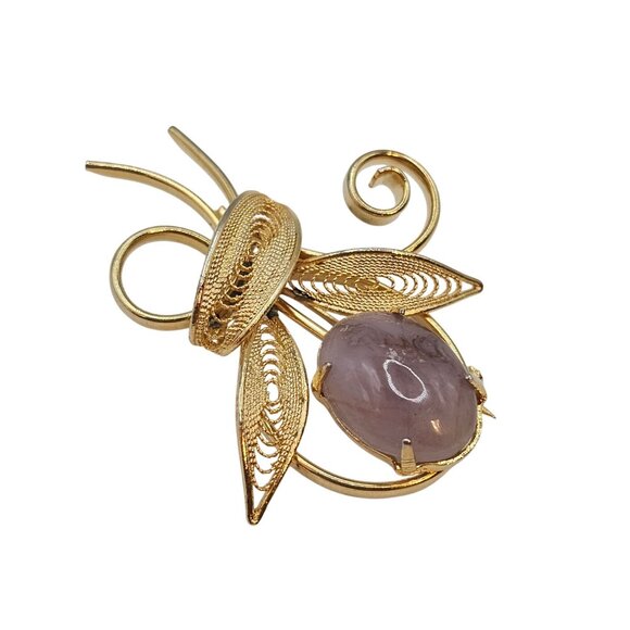 Gold Toned Filgree Flower Shaped Swirled Amethyst/Purple Quartz Fashion Brooch - Picture 8 of 12